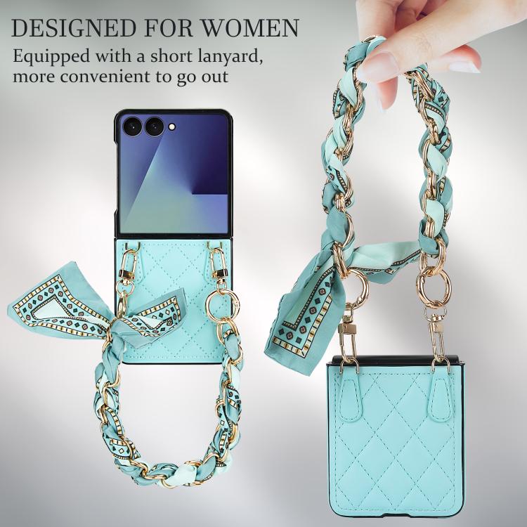 For Samsung Galaxy Z Flip7 5G Rhombic Leather Phone Case with Scarf / Bracelet