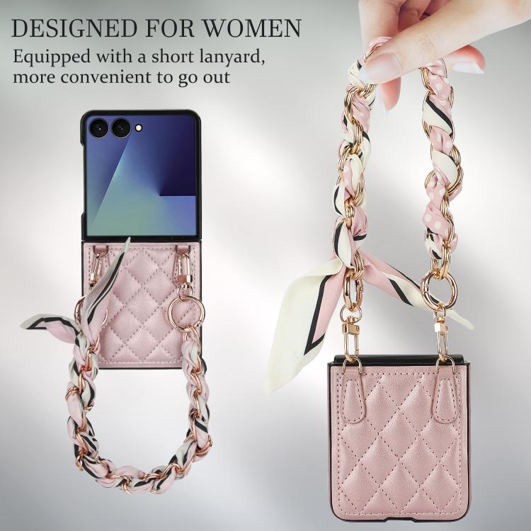 For Samsung Galaxy Z Flip7 5G Rhombic Leather Phone Case with Scarf / Bracelet