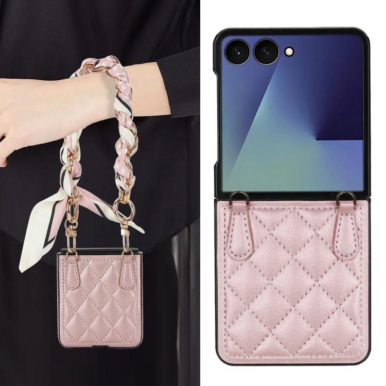 For Samsung Galaxy Z Flip7 5G Rhombic Leather Phone Case with Scarf / Bracelet