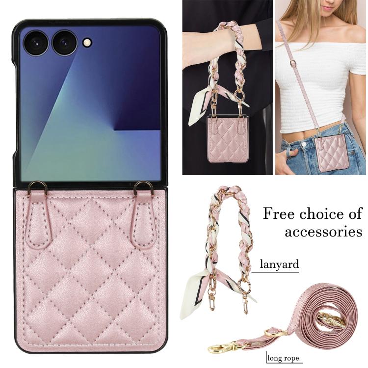 For Samsung Galaxy Z Flip7 5G Rhombic Leather Phone Case with Scarf / Bracelet