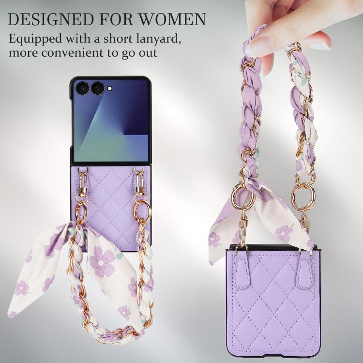 For Samsung Galaxy Z Flip7 5G Rhombic Leather Phone Case with Scarf / Bracelet