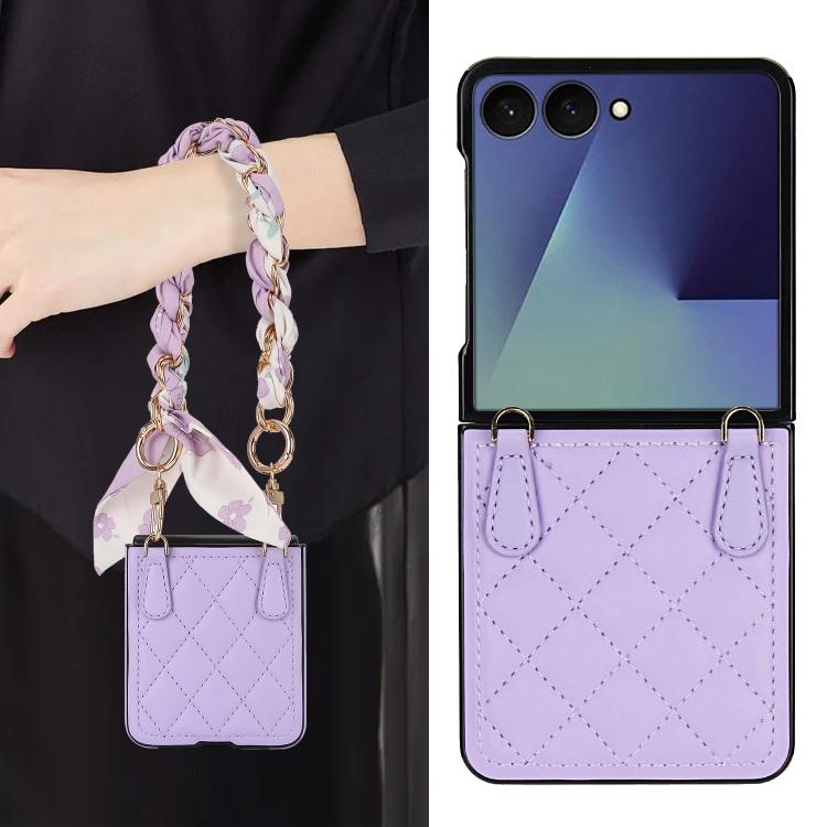 For Samsung Galaxy Z Flip7 5G Rhombic Leather Phone Case with Scarf / Bracelet