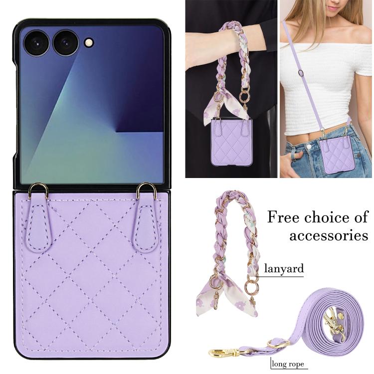 For Samsung Galaxy Z Flip7 5G Rhombic Leather Phone Case with Scarf / Bracelet