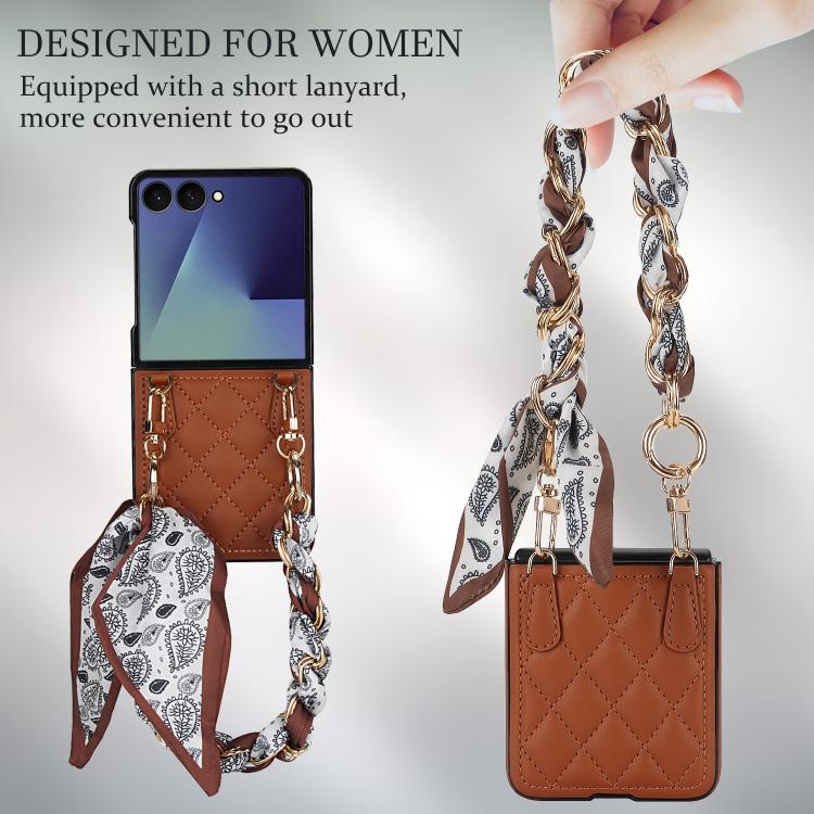 For Samsung Galaxy Z Flip7 5G Rhombic Leather Phone Case with Scarf / Bracelet