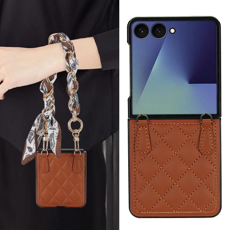 For Samsung Galaxy Z Flip7 5G Rhombic Leather Phone Case with Scarf / Bracelet