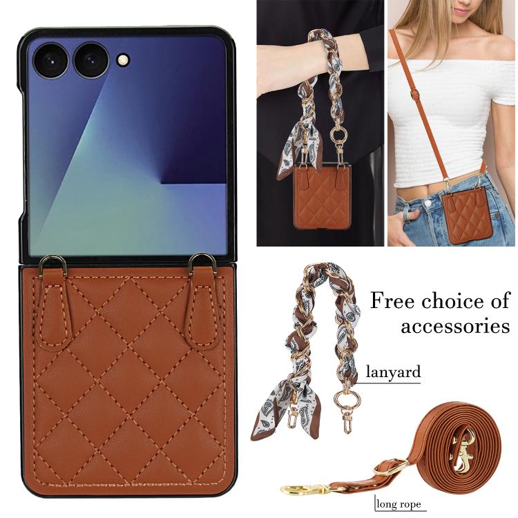 For Samsung Galaxy Z Flip7 5G Rhombic Leather Phone Case with Scarf / Bracelet