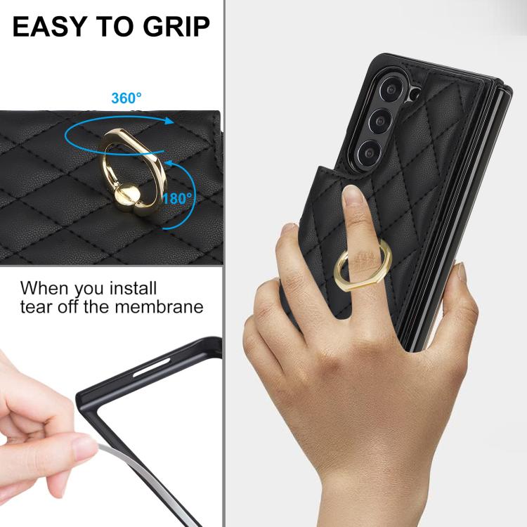 For Samsung Galaxy Z Fold7 Rhombic Texture Ring Double Buckle Leather Phone Case