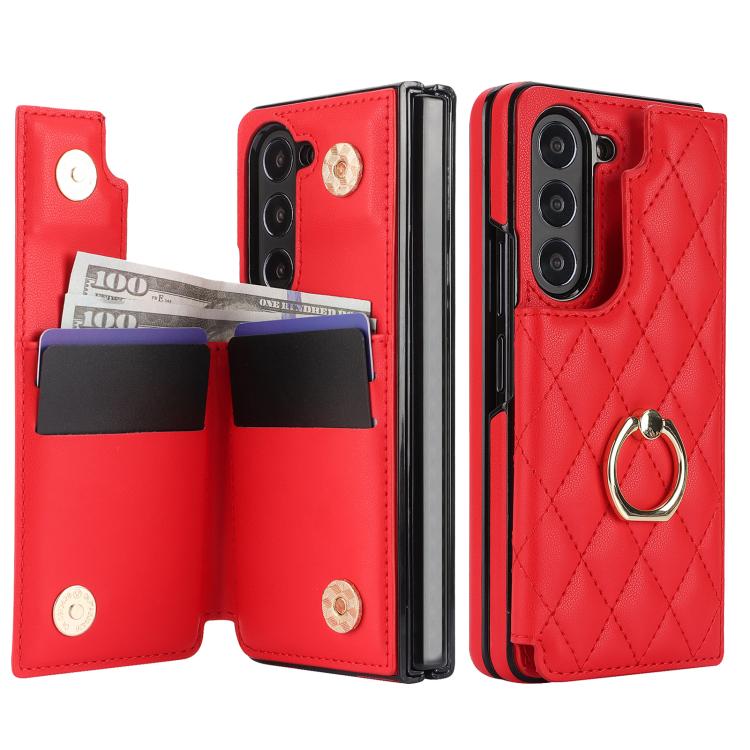 For Samsung Galaxy Z Fold7 Rhombic Texture Ring Double Buckle Leather Phone Case