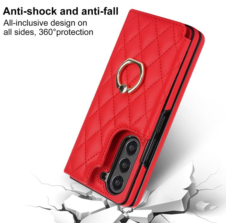 For Samsung Galaxy Z Fold7 Rhombic Texture Ring Double Buckle Leather Phone Case