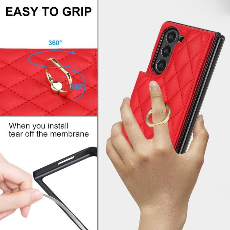 For Samsung Galaxy Z Fold7 Rhombic Texture Ring Double Buckle Leather Phone Case