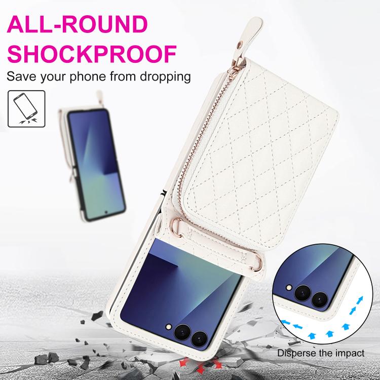For Samsung Galaxy Z Flip7 5G Large Zipper Card Slot Leather Phone Case with Crossbody Strap