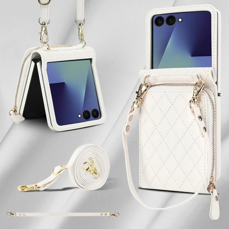 For Samsung Galaxy Z Flip7 5G Large Zipper Card Slot Leather Phone Case with Crossbody Strap