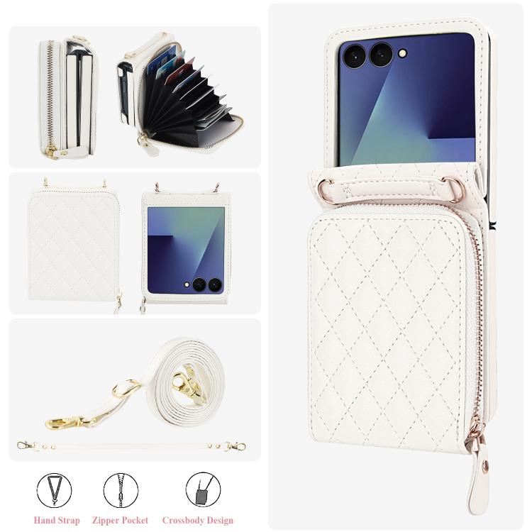 For Samsung Galaxy Z Flip7 5G Large Zipper Card Slot Leather Phone Case with Crossbody Strap
