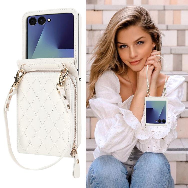 For Samsung Galaxy Z Flip7 5G Large Zipper Card Slot Leather Phone Case with Crossbody Strap