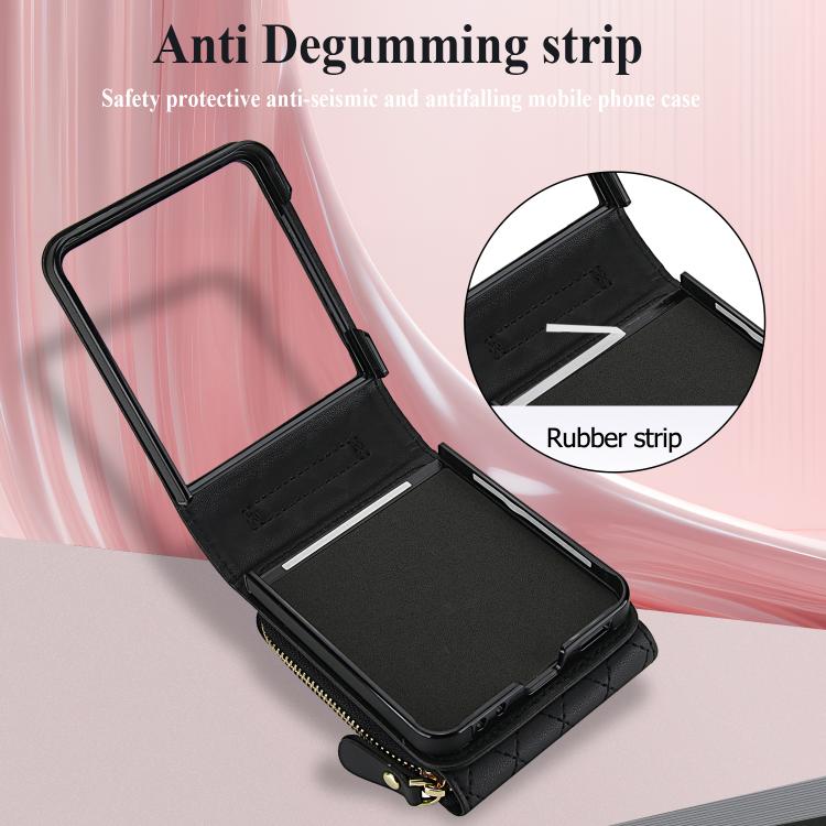 For Samsung Galaxy Z Flip7 5G Large Zipper Card Slot Leather Phone Case with Crossbody Strap