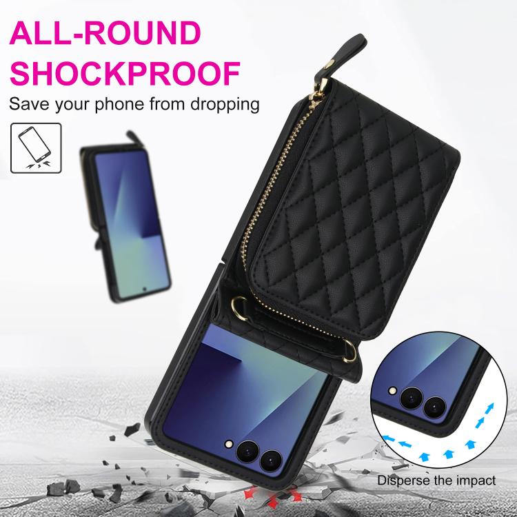 For Samsung Galaxy Z Flip7 5G Large Zipper Card Slot Leather Phone Case with Crossbody Strap