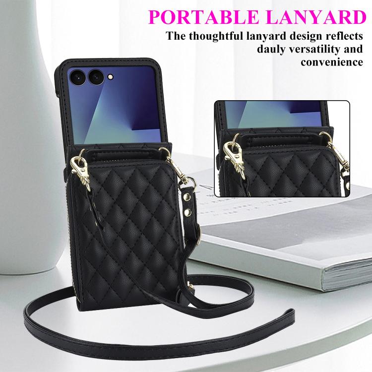 For Samsung Galaxy Z Flip7 5G Large Zipper Card Slot Leather Phone Case with Crossbody Strap