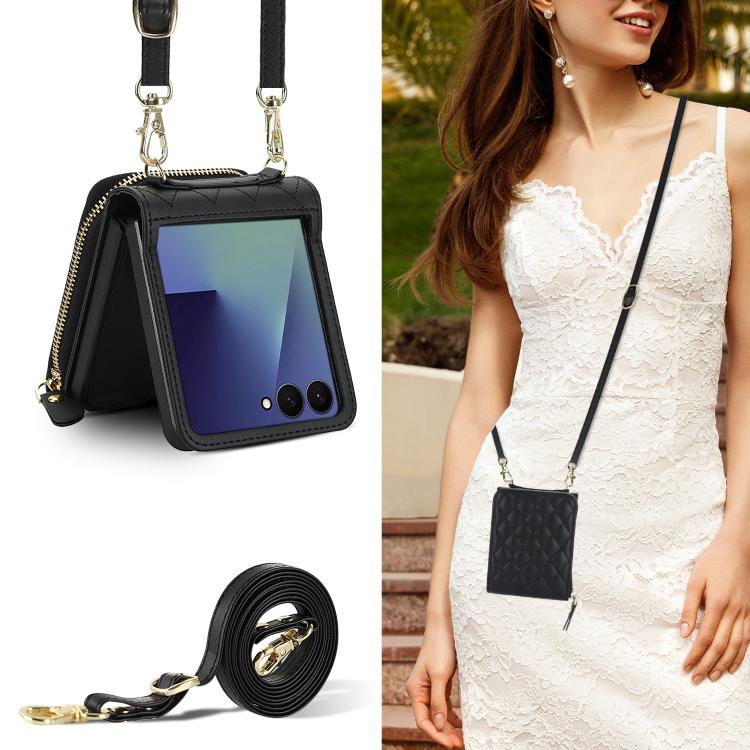 For Samsung Galaxy Z Flip7 5G Large Zipper Card Slot Leather Phone Case with Crossbody Strap
