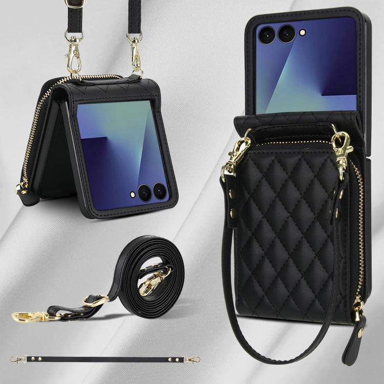 For Samsung Galaxy Z Flip7 5G Large Zipper Card Slot Leather Phone Case with Crossbody Strap