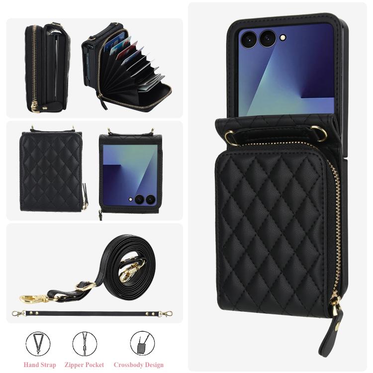 For Samsung Galaxy Z Flip7 5G Large Zipper Card Slot Leather Phone Case with Crossbody Strap