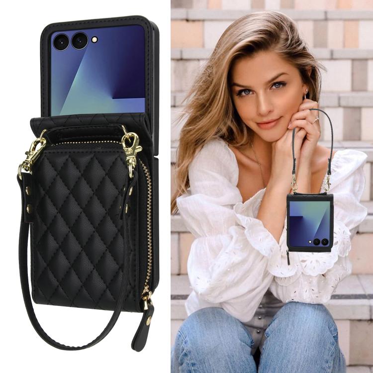 For Samsung Galaxy Z Flip7 5G Large Zipper Card Slot Leather Phone Case with Crossbody Strap