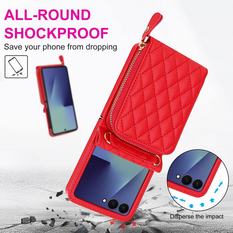 For Samsung Galaxy Z Flip7 5G Large Zipper Card Slot Leather Phone Case with Crossbody Strap