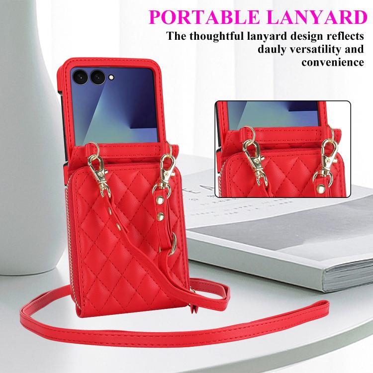 For Samsung Galaxy Z Flip7 5G Large Zipper Card Slot Leather Phone Case with Crossbody Strap