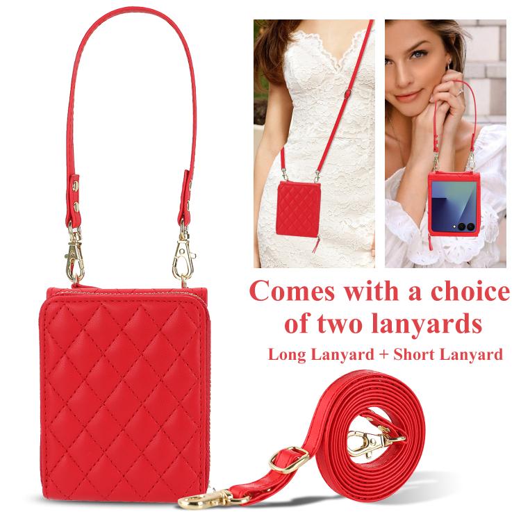 For Samsung Galaxy Z Flip7 5G Large Zipper Card Slot Leather Phone Case with Crossbody Strap