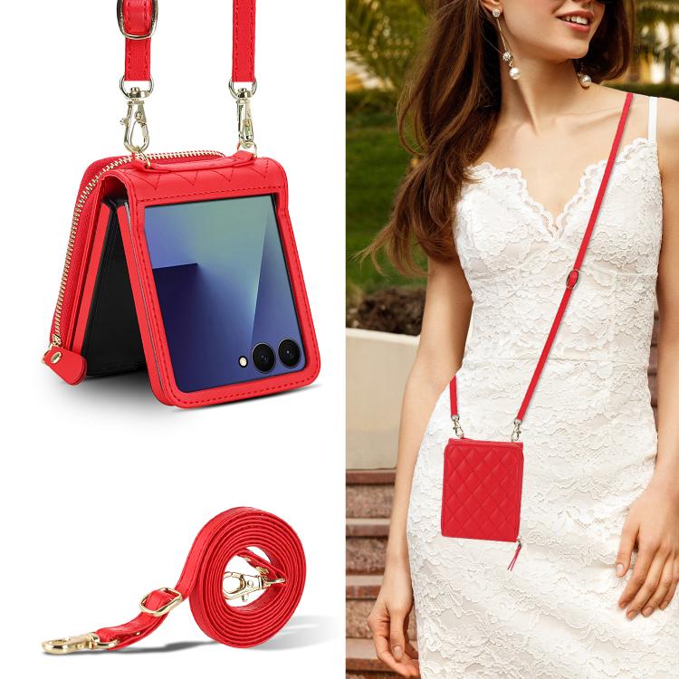 For Samsung Galaxy Z Flip7 5G Large Zipper Card Slot Leather Phone Case with Crossbody Strap