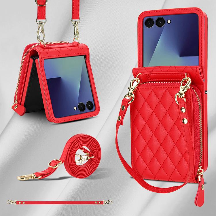 For Samsung Galaxy Z Flip7 5G Large Zipper Card Slot Leather Phone Case with Crossbody Strap