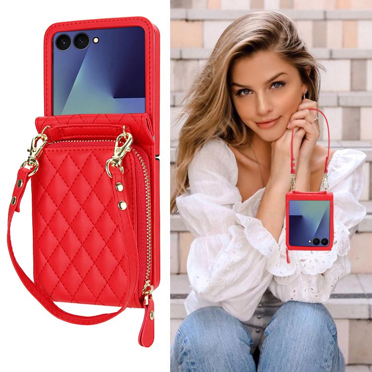 For Samsung Galaxy Z Flip7 5G Large Zipper Card Slot Leather Phone Case with Crossbody Strap