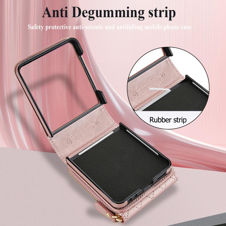 For Samsung Galaxy Z Flip7 5G Large Zipper Card Slot Leather Phone Case with Crossbody Strap