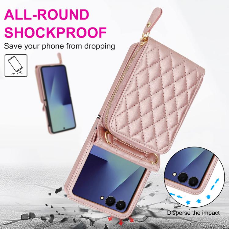 For Samsung Galaxy Z Flip7 5G Large Zipper Card Slot Leather Phone Case with Crossbody Strap