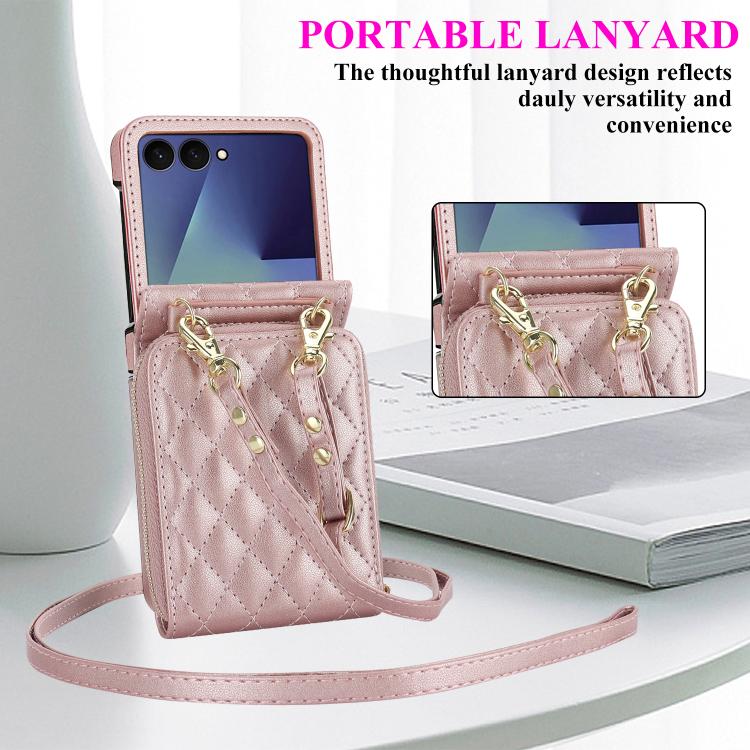 For Samsung Galaxy Z Flip7 5G Large Zipper Card Slot Leather Phone Case with Crossbody Strap