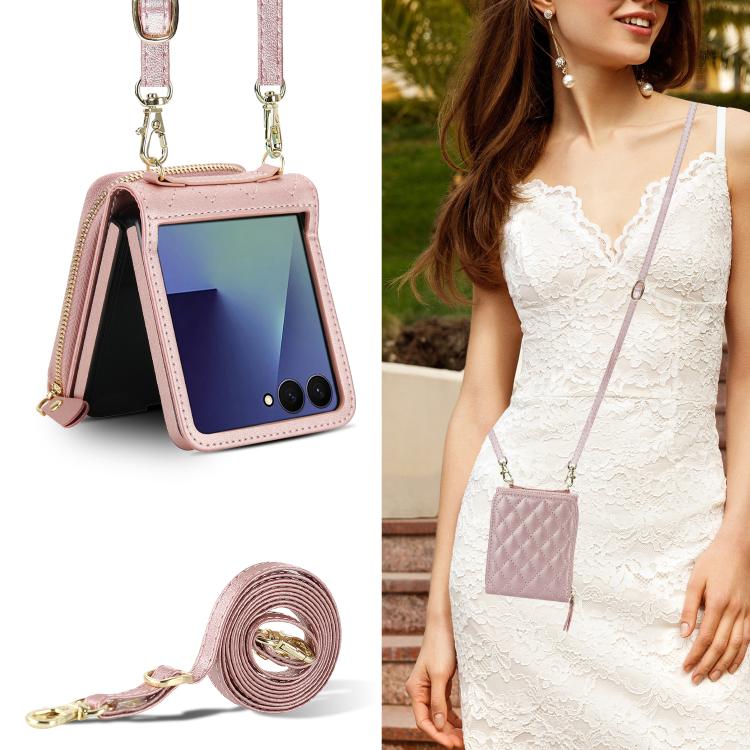 For Samsung Galaxy Z Flip7 5G Large Zipper Card Slot Leather Phone Case with Crossbody Strap