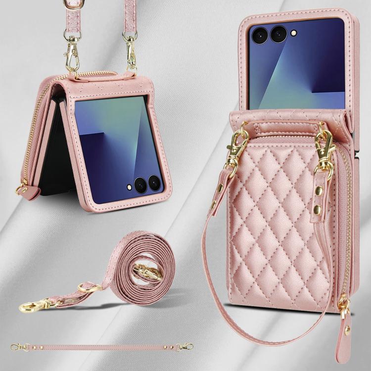 For Samsung Galaxy Z Flip7 5G Large Zipper Card Slot Leather Phone Case with Crossbody Strap