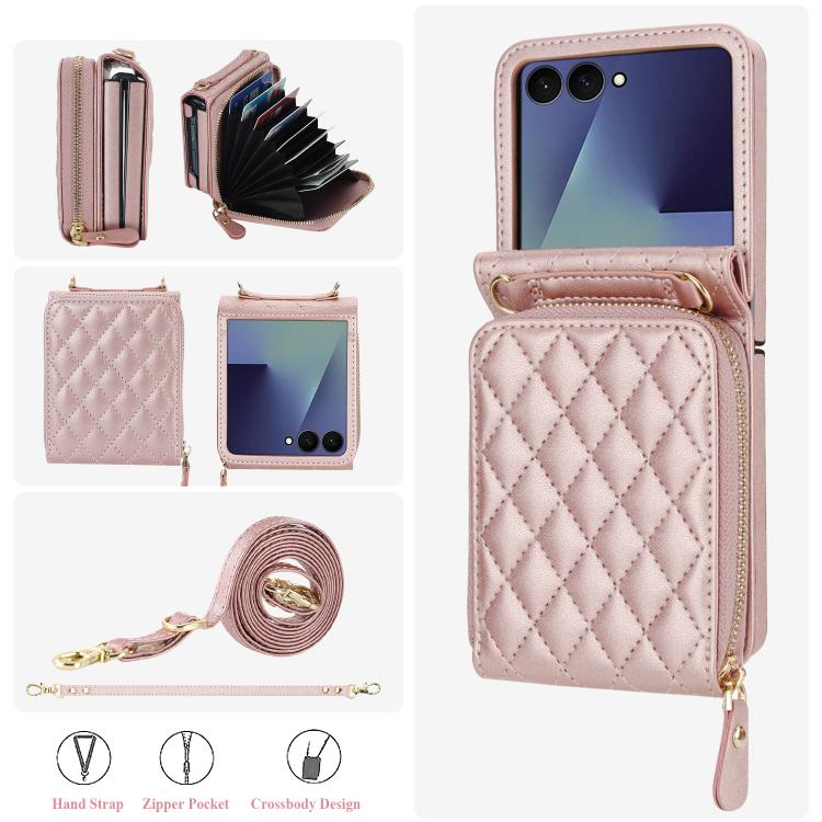 For Samsung Galaxy Z Flip7 5G Large Zipper Card Slot Leather Phone Case with Crossbody Strap