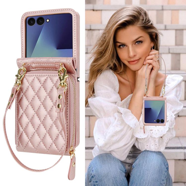For Samsung Galaxy Z Flip7 5G Large Zipper Card Slot Leather Phone Case with Crossbody Strap