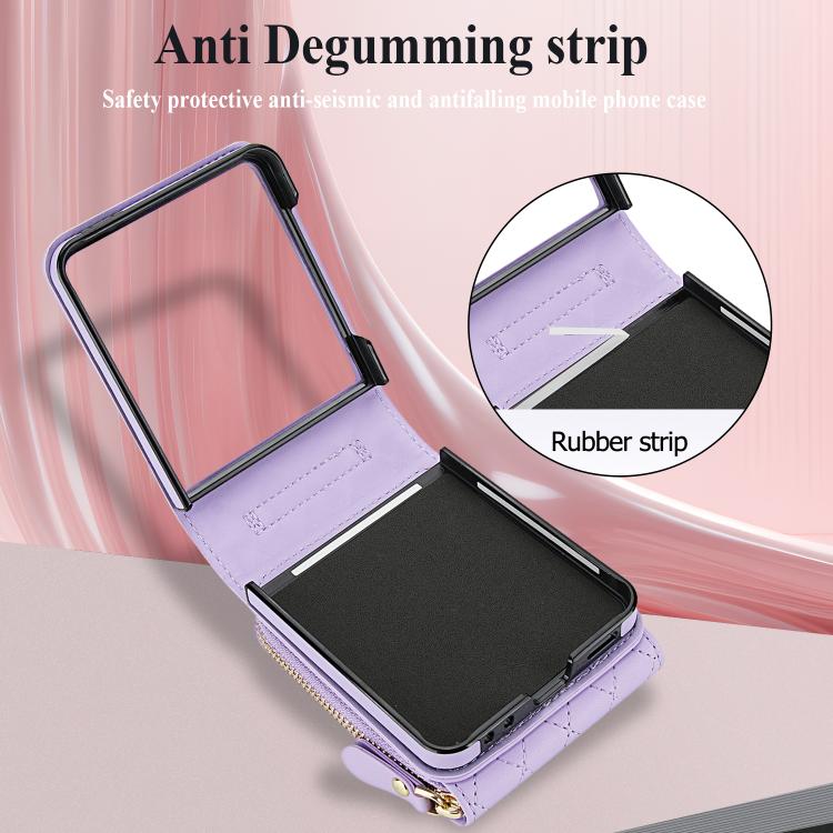 For Samsung Galaxy Z Flip7 5G Large Zipper Card Slot Leather Phone Case with Crossbody Strap