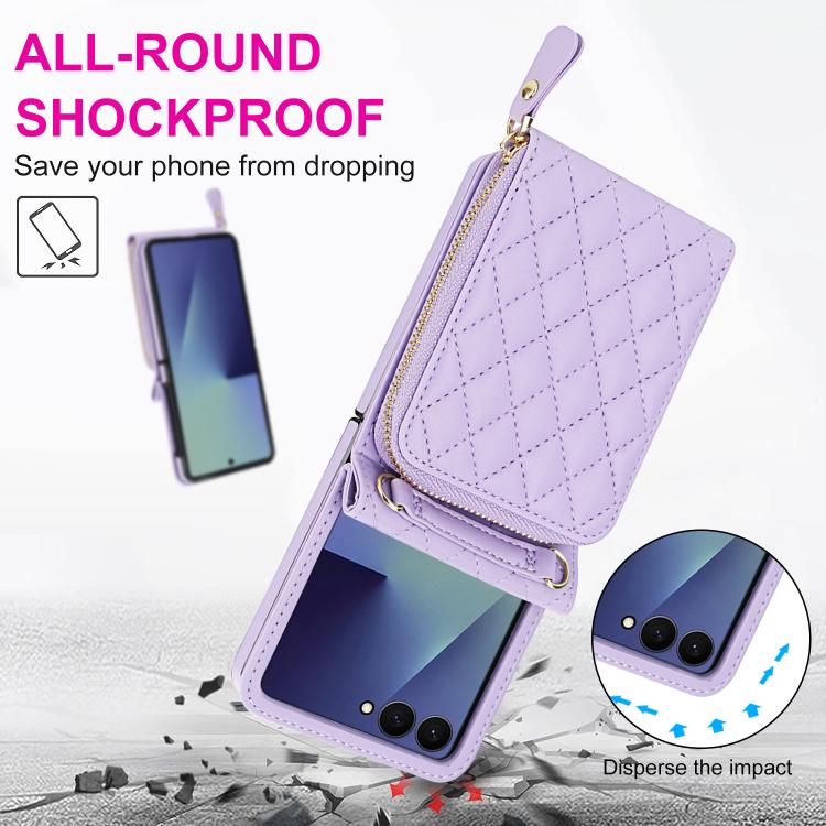 For Samsung Galaxy Z Flip7 5G Large Zipper Card Slot Leather Phone Case with Crossbody Strap