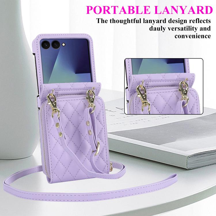 For Samsung Galaxy Z Flip7 5G Large Zipper Card Slot Leather Phone Case with Crossbody Strap