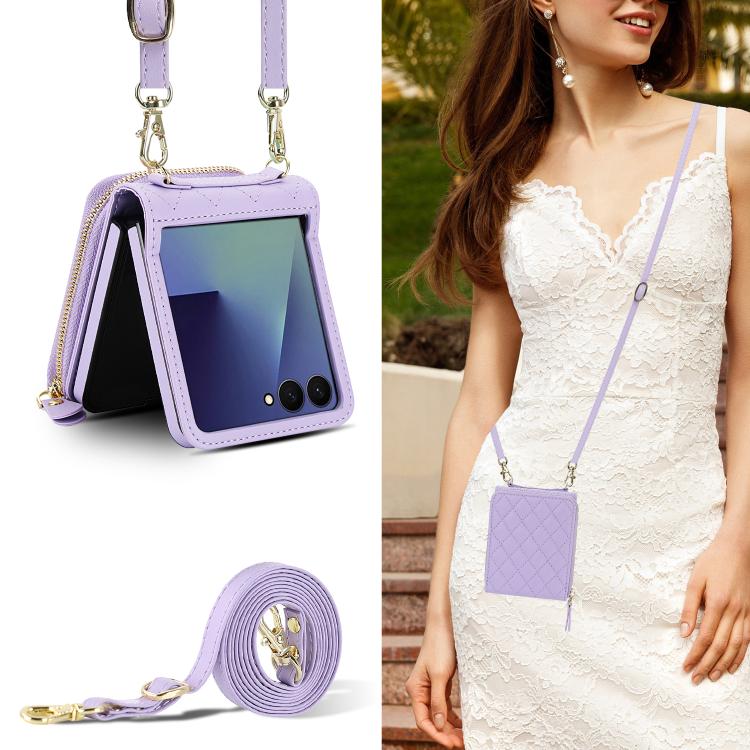 For Samsung Galaxy Z Flip7 5G Large Zipper Card Slot Leather Phone Case with Crossbody Strap