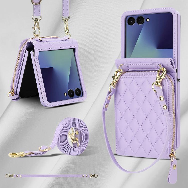For Samsung Galaxy Z Flip7 5G Large Zipper Card Slot Leather Phone Case with Crossbody Strap