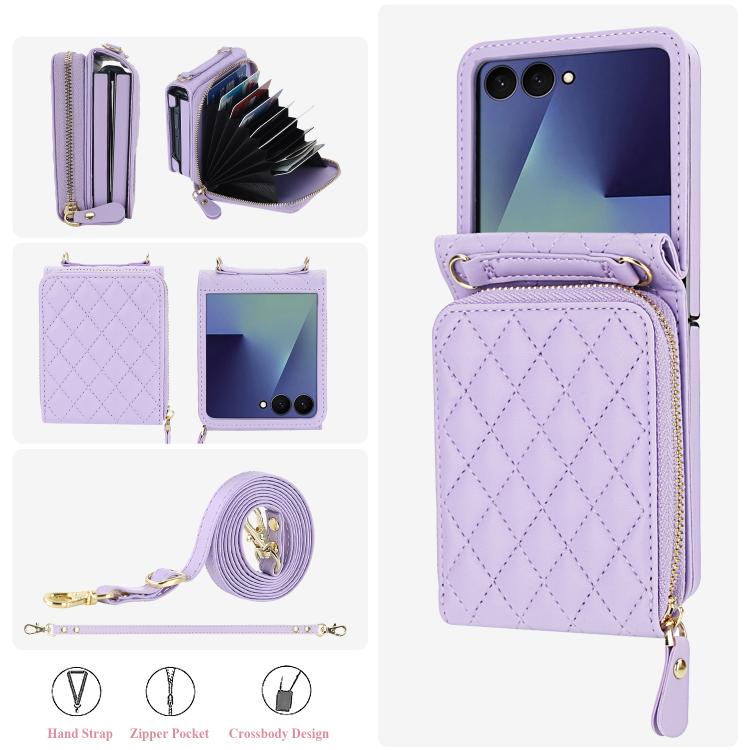 For Samsung Galaxy Z Flip7 5G Large Zipper Card Slot Leather Phone Case with Crossbody Strap