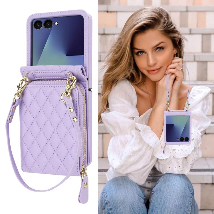 For Samsung Galaxy Z Flip7 5G Large Zipper Card Slot Leather Phone Case with Crossbody Strap