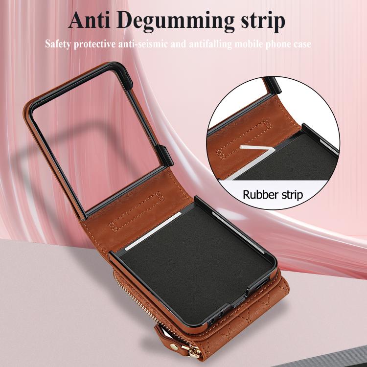 For Samsung Galaxy Z Flip7 5G Large Zipper Card Slot Leather Phone Case with Crossbody Strap