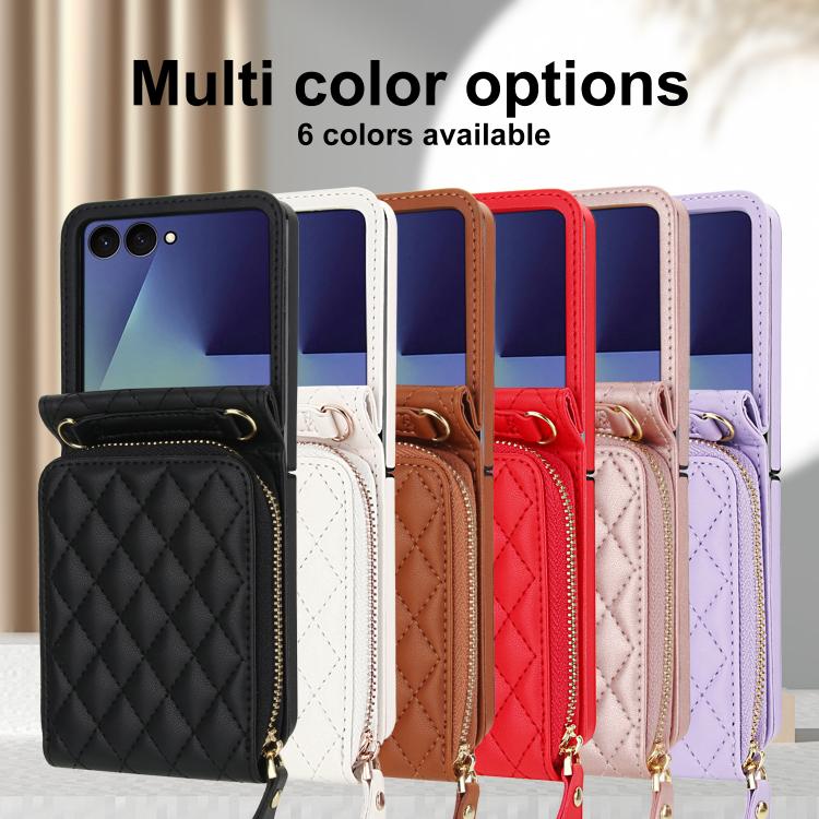 For Samsung Galaxy Z Flip7 5G Large Zipper Card Slot Leather Phone Case with Crossbody Strap