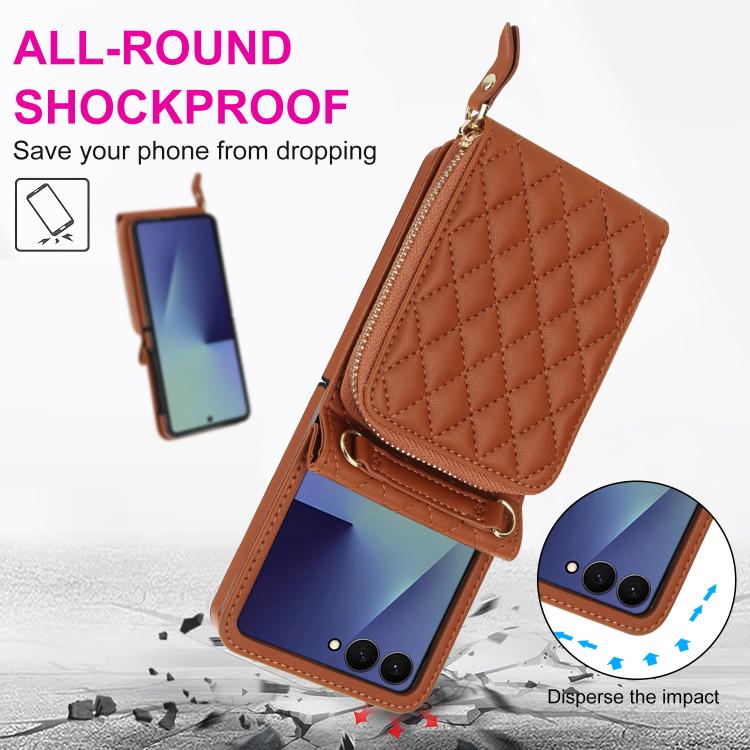 For Samsung Galaxy Z Flip7 5G Large Zipper Card Slot Leather Phone Case with Crossbody Strap