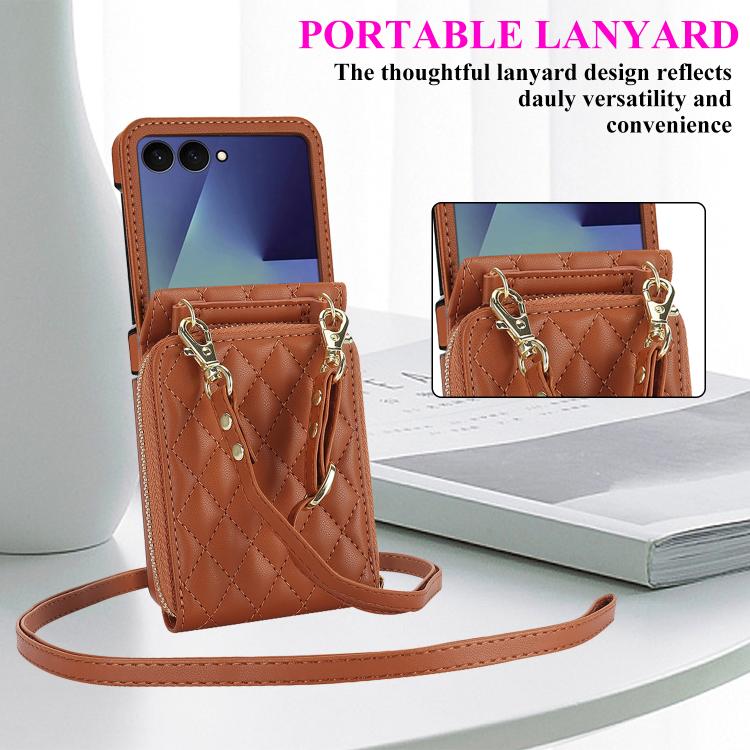 For Samsung Galaxy Z Flip7 5G Large Zipper Card Slot Leather Phone Case with Crossbody Strap