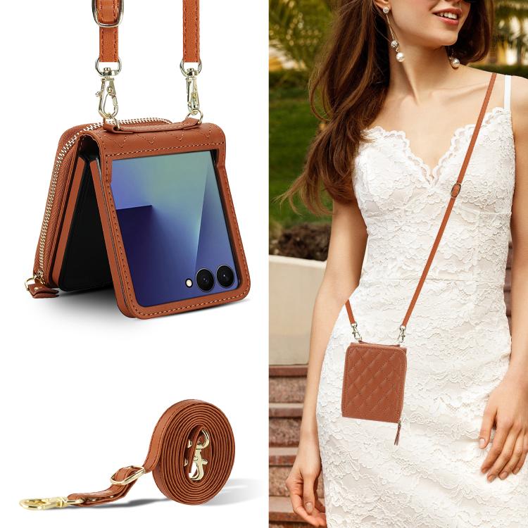 For Samsung Galaxy Z Flip7 5G Large Zipper Card Slot Leather Phone Case with Crossbody Strap